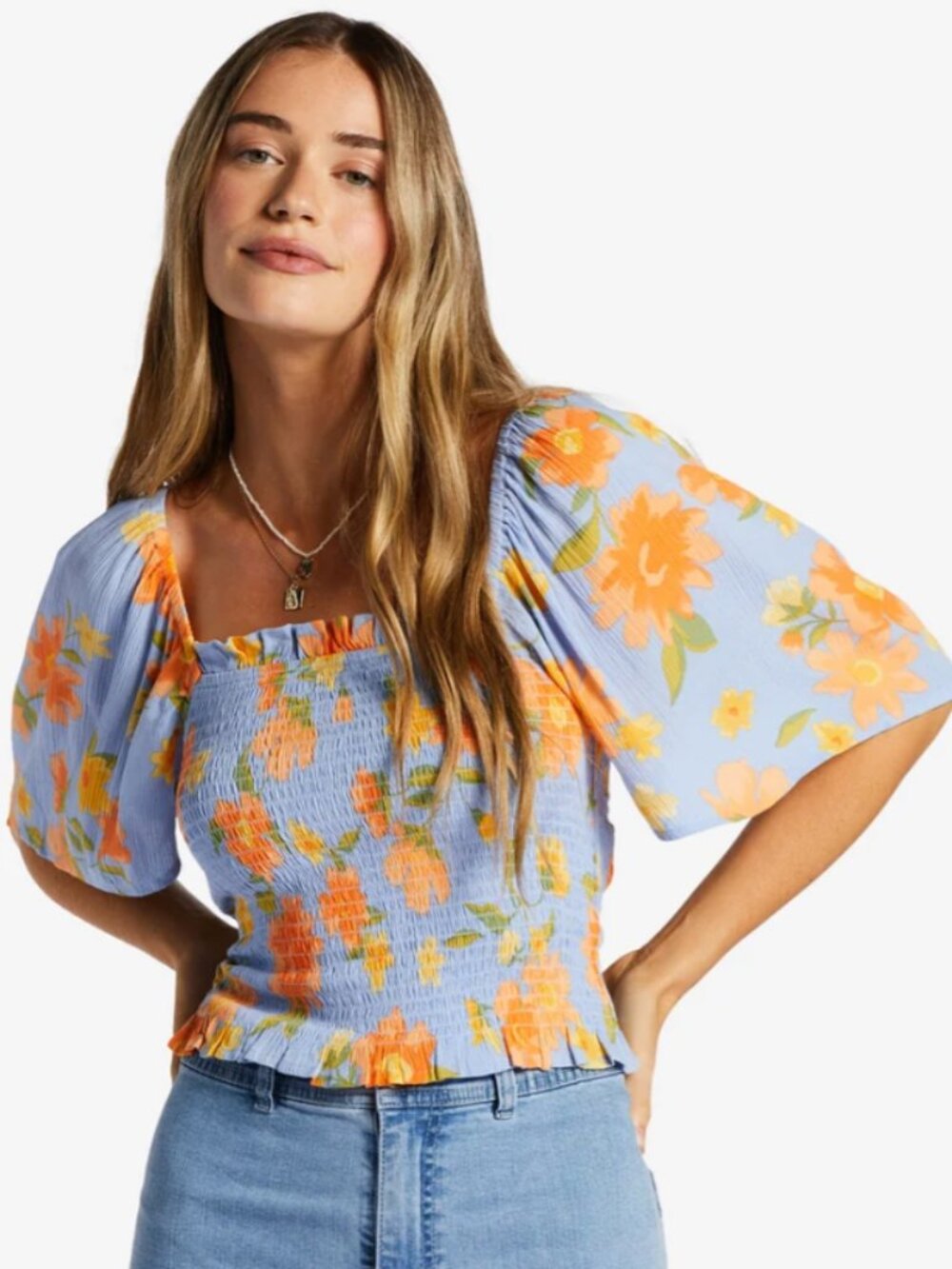 Billabong "Golden Daze" Smocked Puff-Sleeve Crop Top Size S